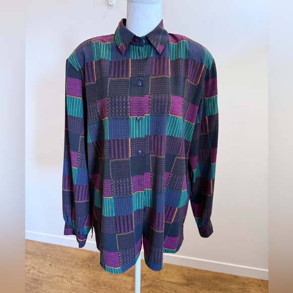 Alia Tops - Alia Patchwork Geometric Button Down Size 16 Abstract 90s Vintage Grunge Indie